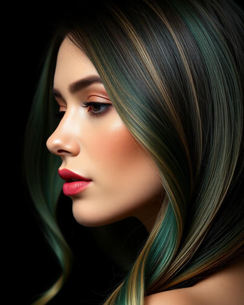 Glossy styled hair with emerald and gold highlights