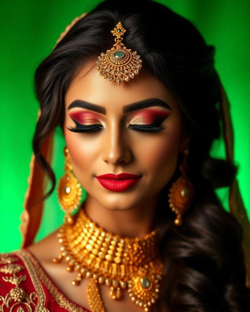 Elegant bridal makeup with gold jewellery